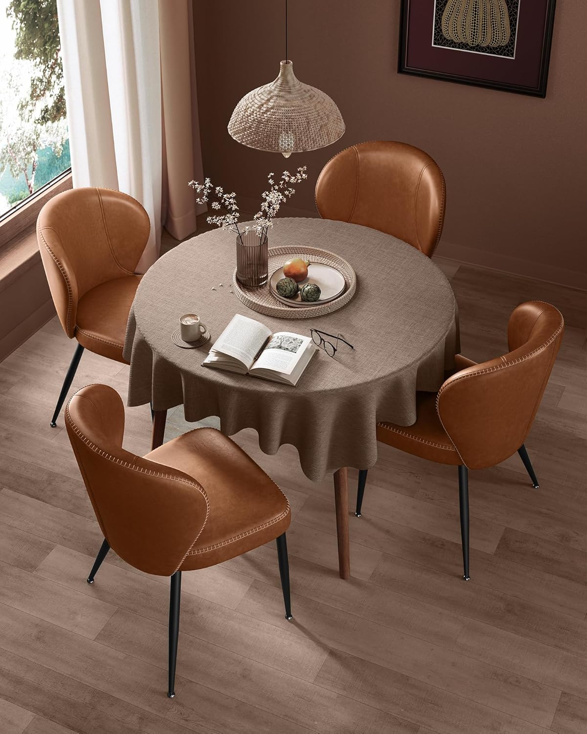 Set of 2 Mid-Century Modern Upholstered Dining Chairs – Caramel Brown Synthetic Leather Kitchen & Dining Chairs