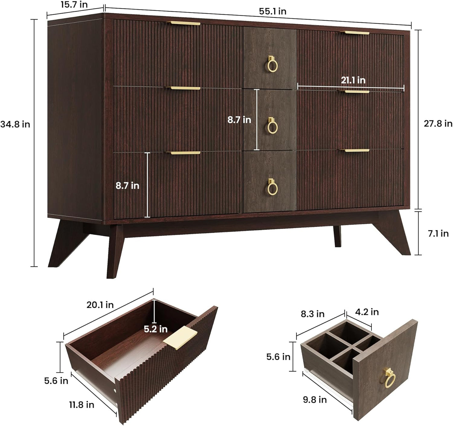 9-Drawer LED Dresser – 55" Wide Fluted Wood Chest with Curved Design, TV Stand & Storage Organizer for Bedroom, Living Room, or Hallway