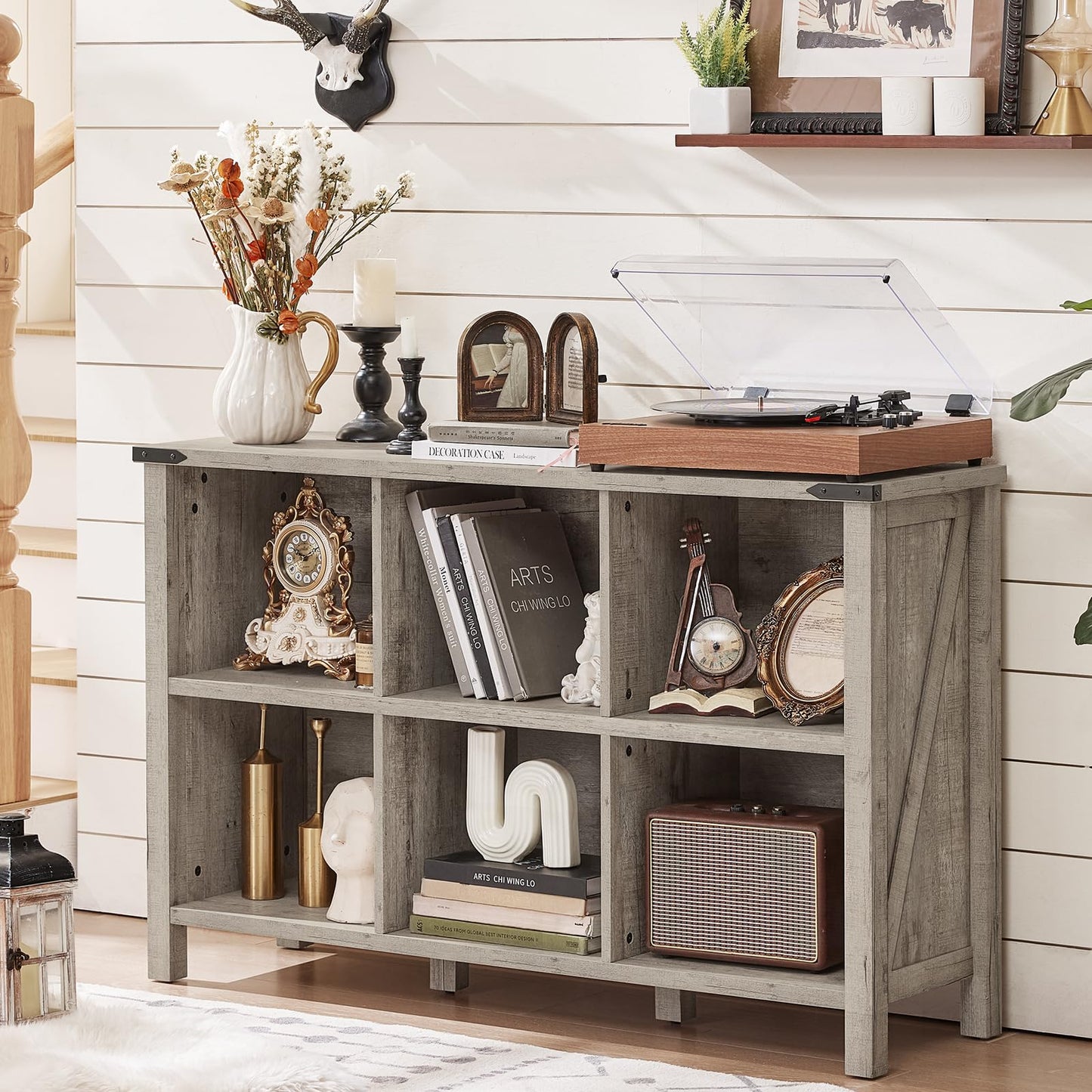 6-Cube Farmhouse Wood Low Storage Organizer – 47" Horizontal Navy Console Bookshelf with Legs