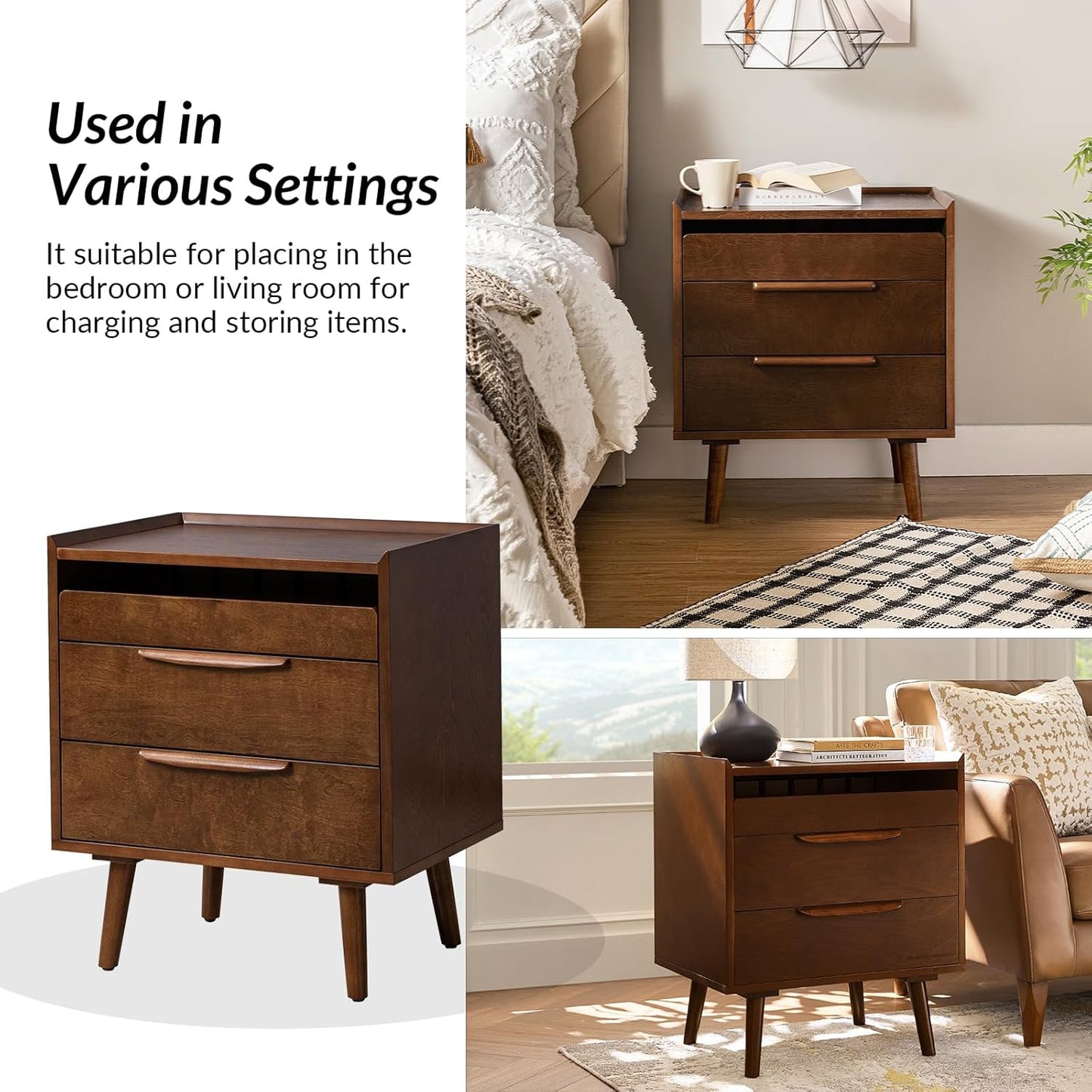 Mid-Century Modern Nightstand Set of 2 with Charging Station – 2-Drawer Wood Bedside Tables with Pull-Out Shelf, Walnut Finish