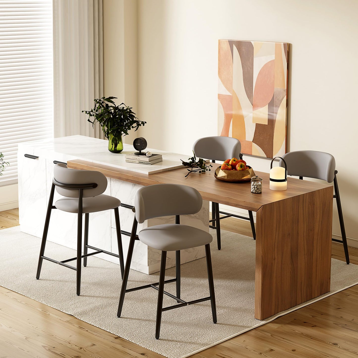 Set of 2 Modern Upholstered Dining Chairs – Armless Kitchen & Dining Chairs with Metal Legs, Khaki