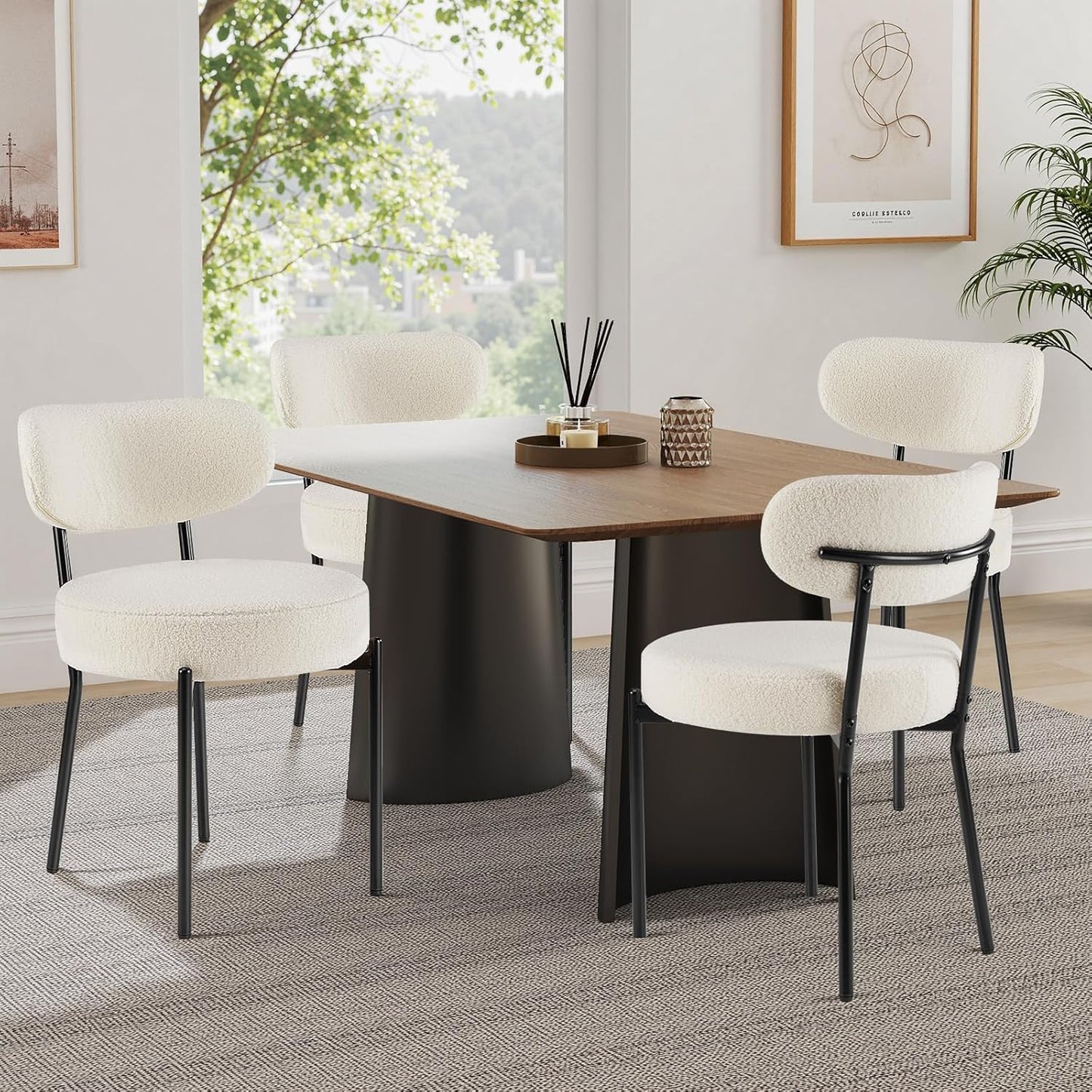 Set of 4 Modern Boucle Upholstered Dining Chairs – Mid-Century Round Kitchen Chairs with Curved Backrest & Metal Legs, Beige