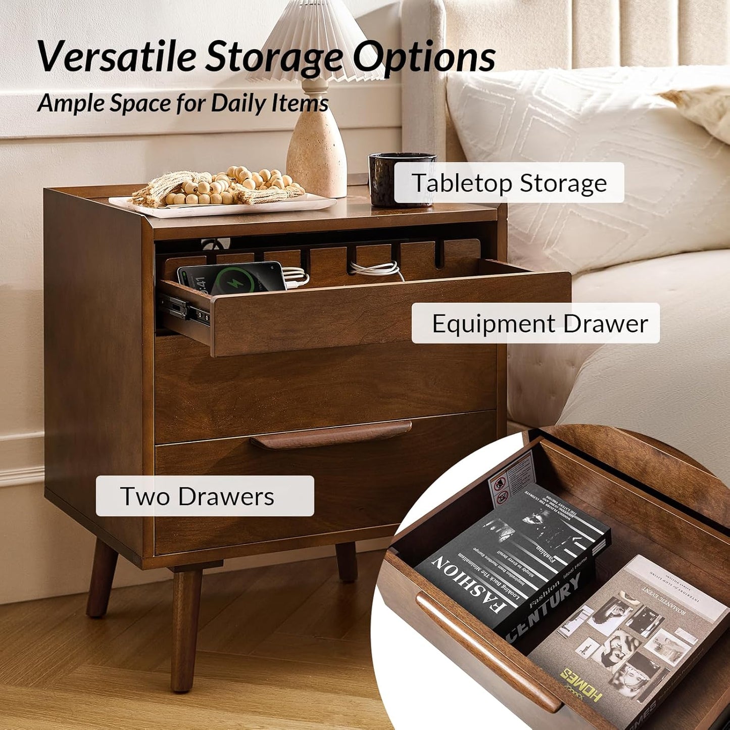 Mid-Century Modern Nightstand Set of 2 with Charging Station – 2-Drawer Wood Bedside Tables with Pull-Out Shelf, Walnut Finish