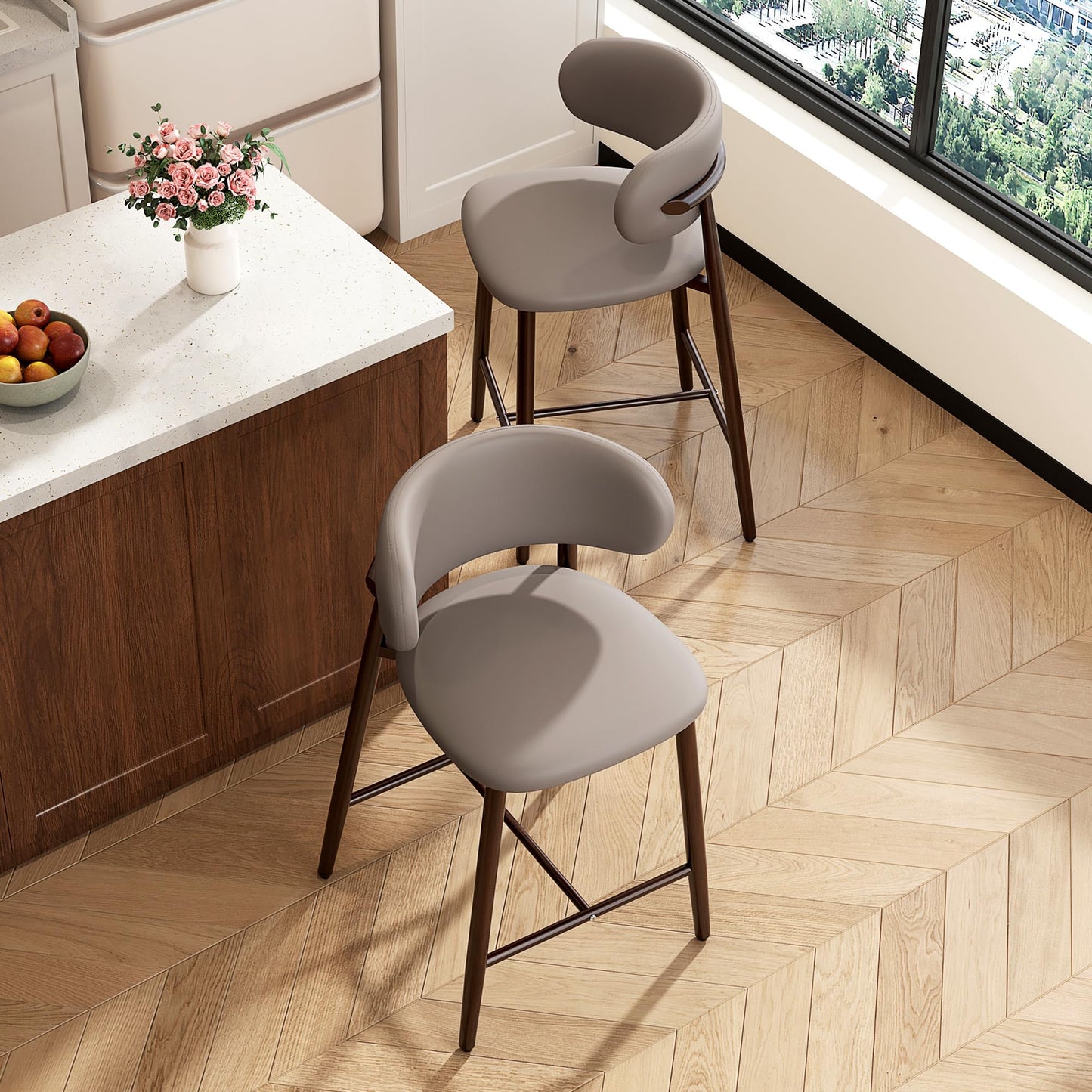 Set of 2 Modern Upholstered Dining Chairs – Armless Kitchen & Dining Chairs with Metal Legs, Khaki