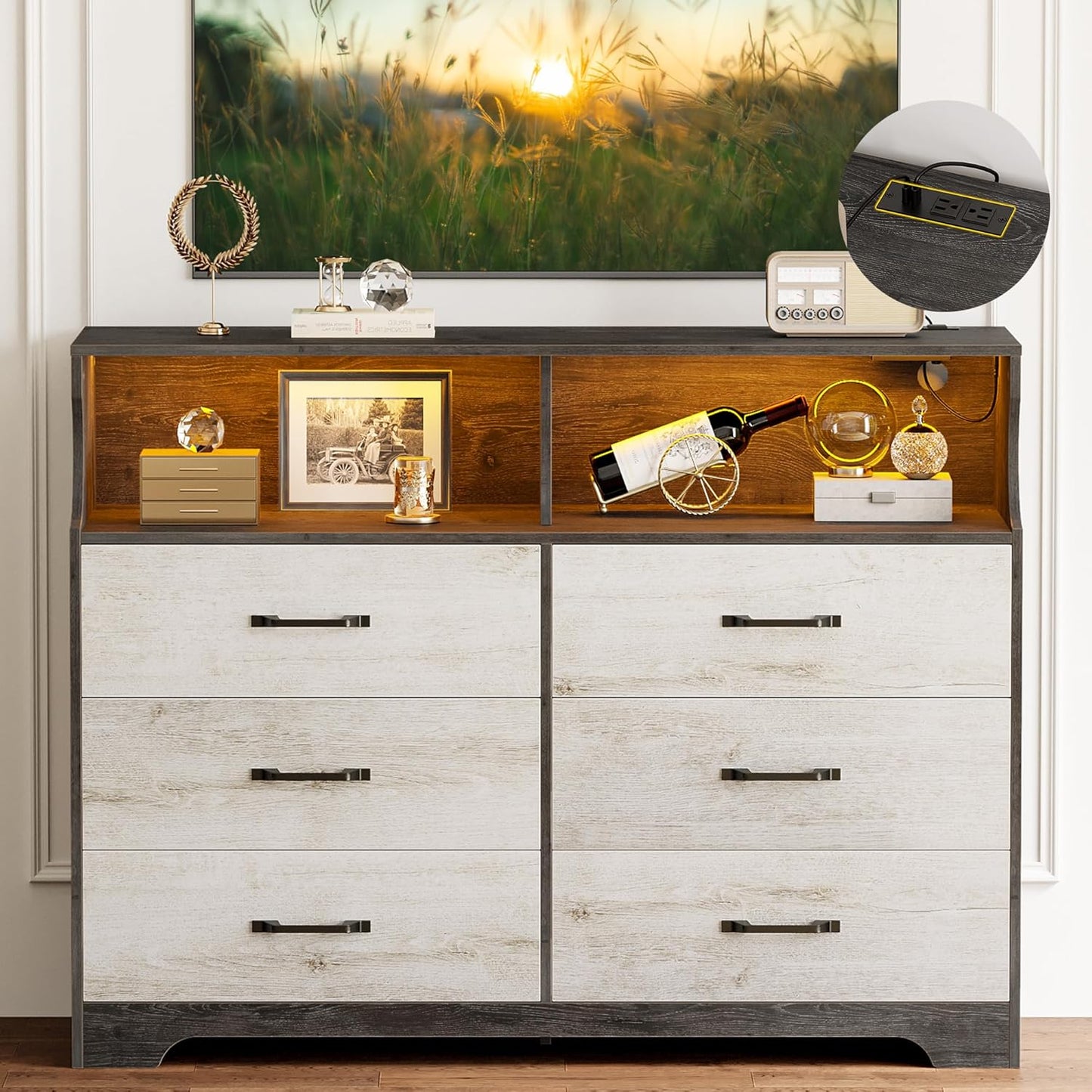 6-Drawer Modern Dresser with LED & USB Charging – Rustic White Wooden Storage Cabinet for Bedroom, Living Room, Hallway