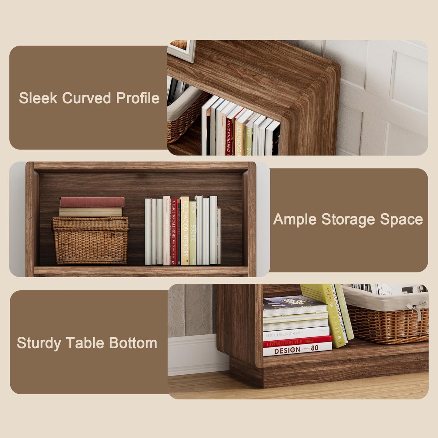 2-Tier Wooden Bookcase – Small Farmhouse Bookshelf with Open Storage, Brown Walnut Finish