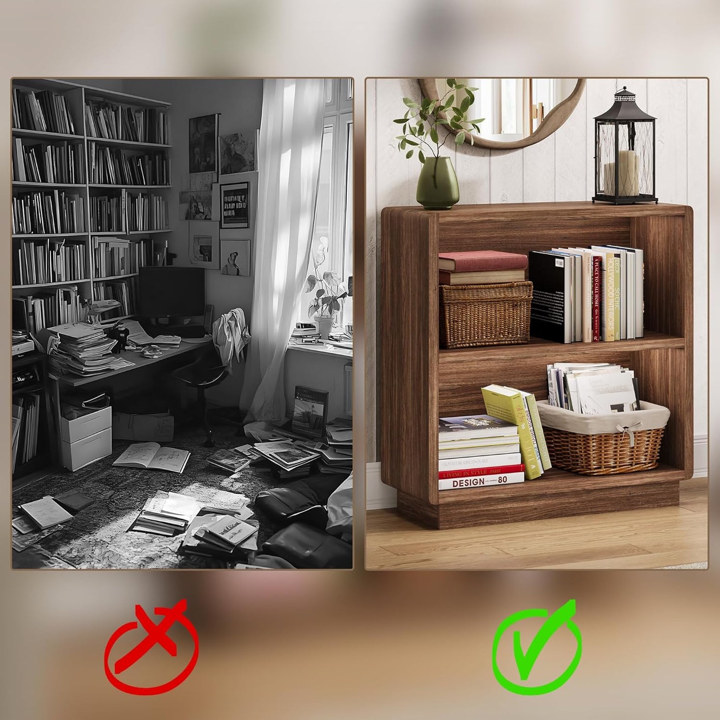 2-Tier Wooden Bookcase – Small Farmhouse Bookshelf with Open Storage, Brown Walnut Finish