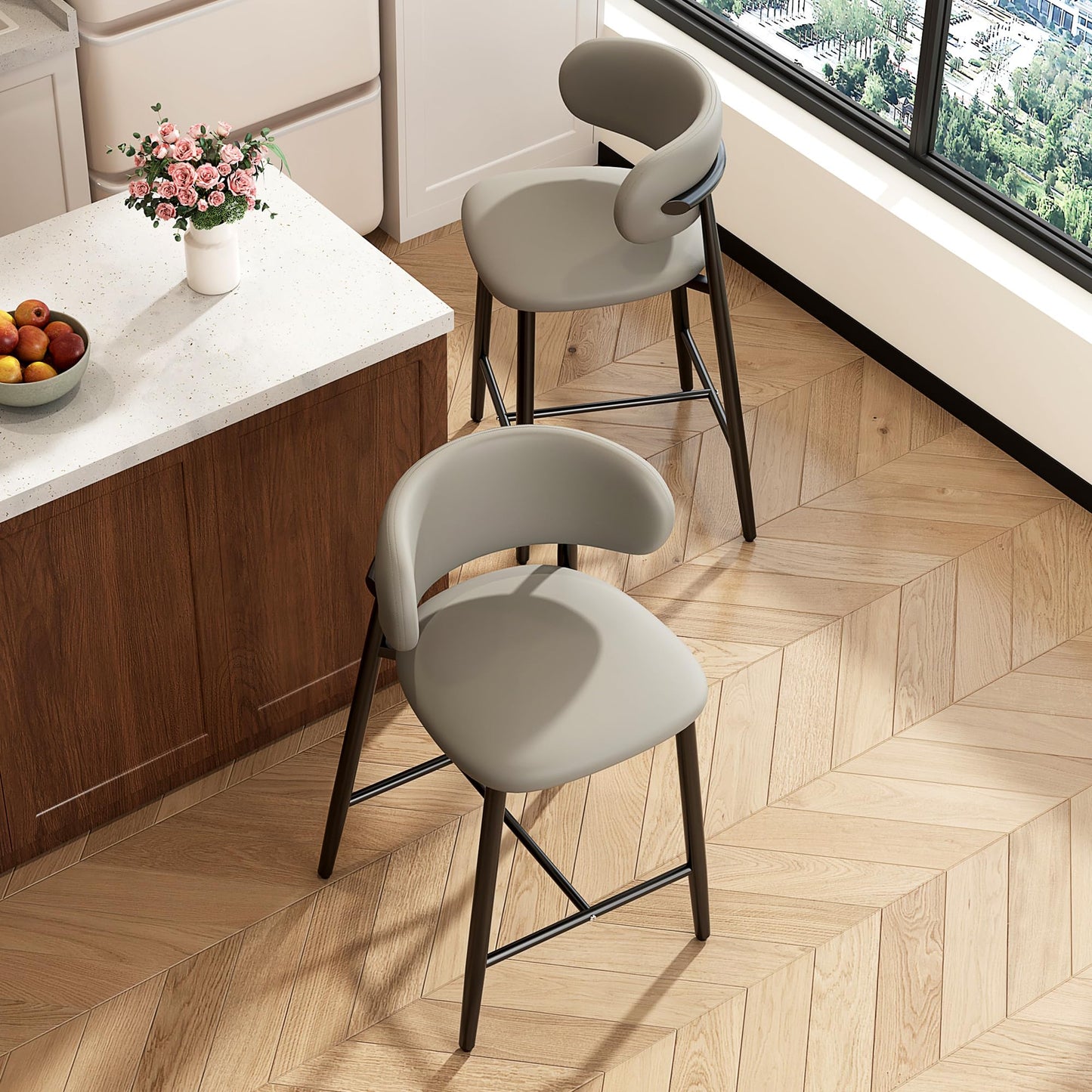 Set of 2 Modern Upholstered Dining Chairs – Armless Kitchen & Dining Chairs with Metal Legs, Khaki