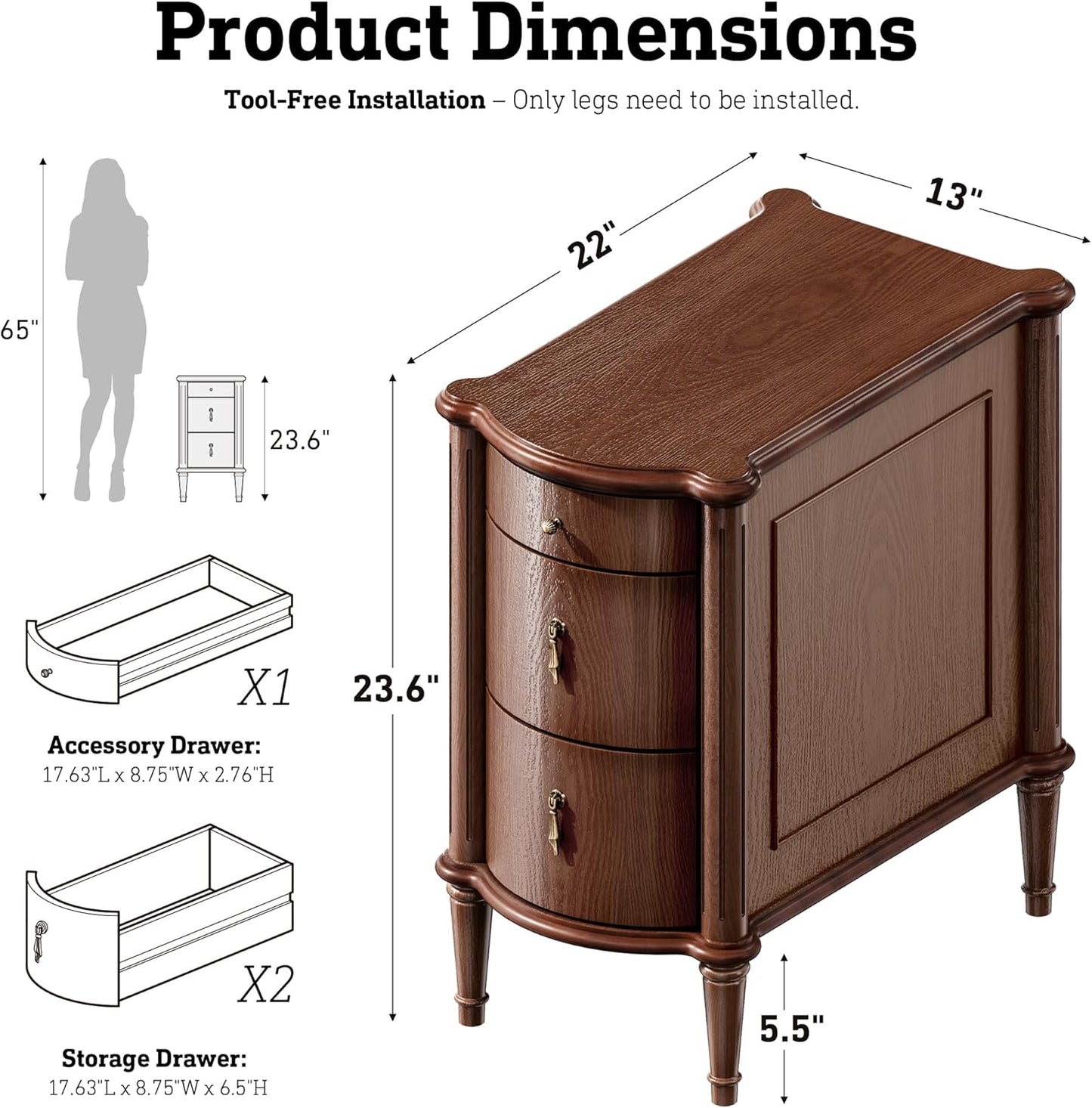 3-Drawer Nightstand Set of 2 with Built-in Charging Station – Vintage-Inspired Side Table, Brown Wood Finish