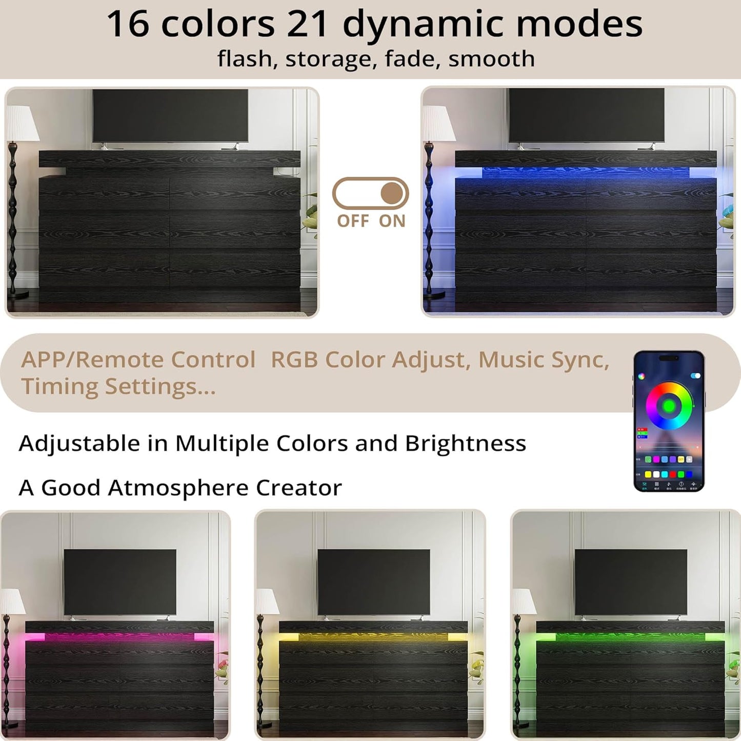 59" 6-Drawer Modern Dresser with LED Lighting & Power Strip – Large Black Wooden Storage Cabinet for Bedroom, Living Room, Office