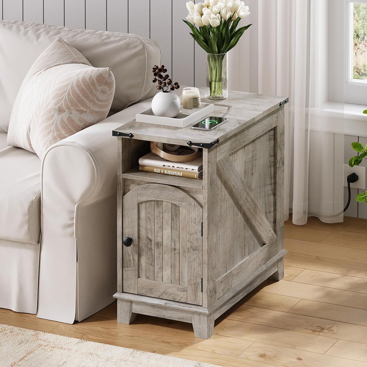 Narrow Farmhouse End Table with Charging Station – Slim Side Table / Small Nightstand for Living Room & Small Spaces, Flip-Top Storage, Greige