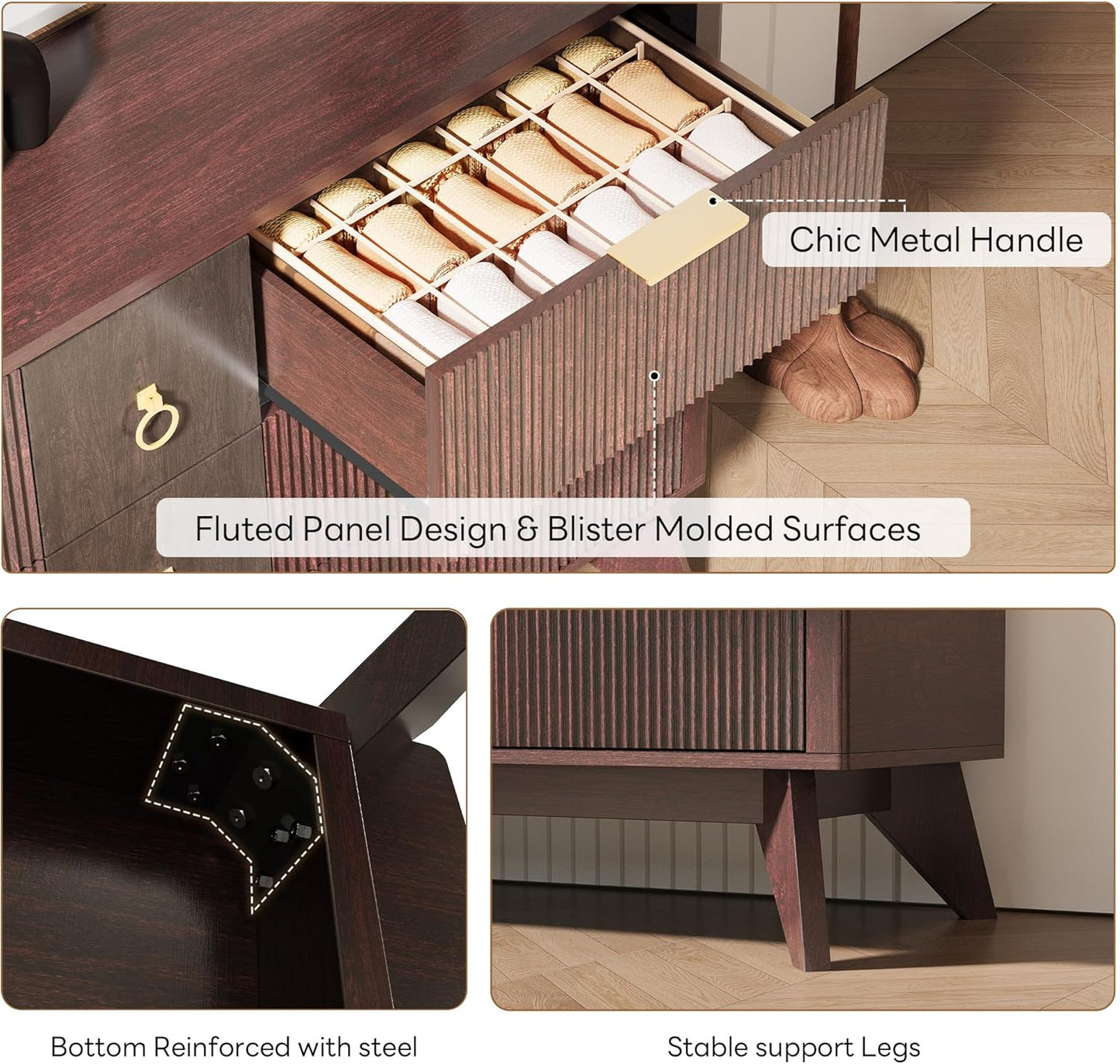 9-Drawer LED Dresser – 55" Wide Fluted Wood Chest with Curved Design, TV Stand & Storage Organizer for Bedroom, Living Room, or Hallway