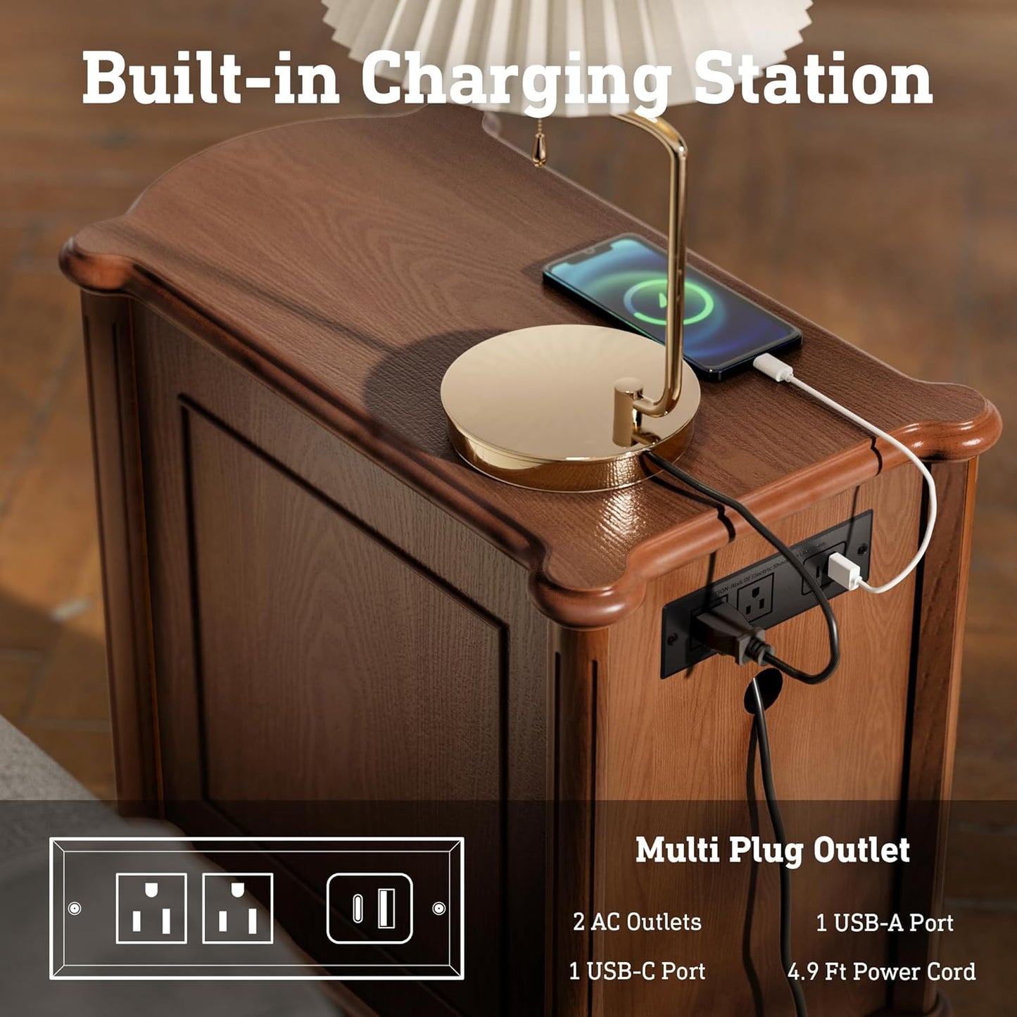 3-Drawer Nightstand Set of 2 with Built-in Charging Station – Vintage-Inspired Side Table, Brown Wood Finish