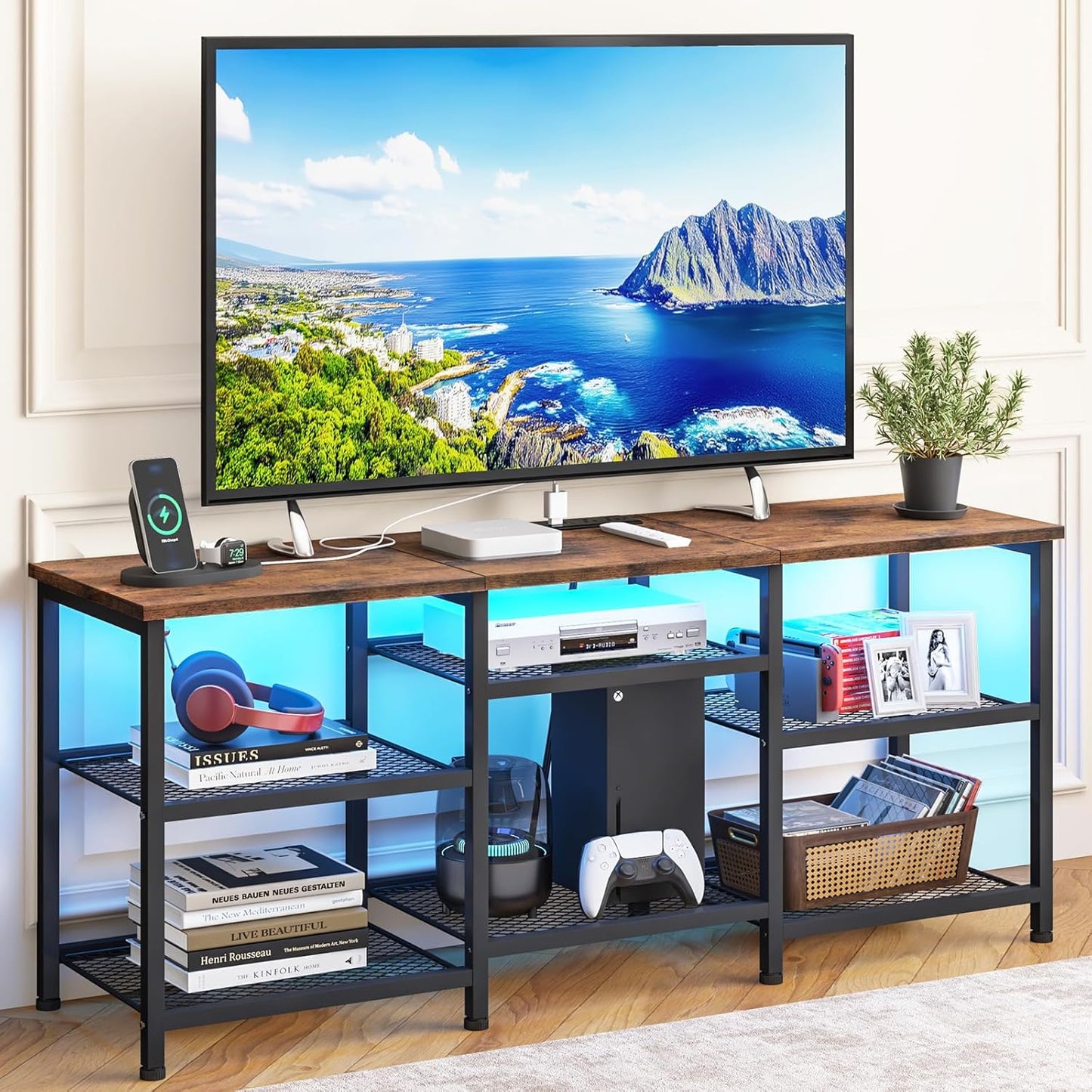 Rustic Brown TV Stand for 55-Inch TVs – Media Console with Adjustable Shelves, LED Lights & Built-In Power Outlets