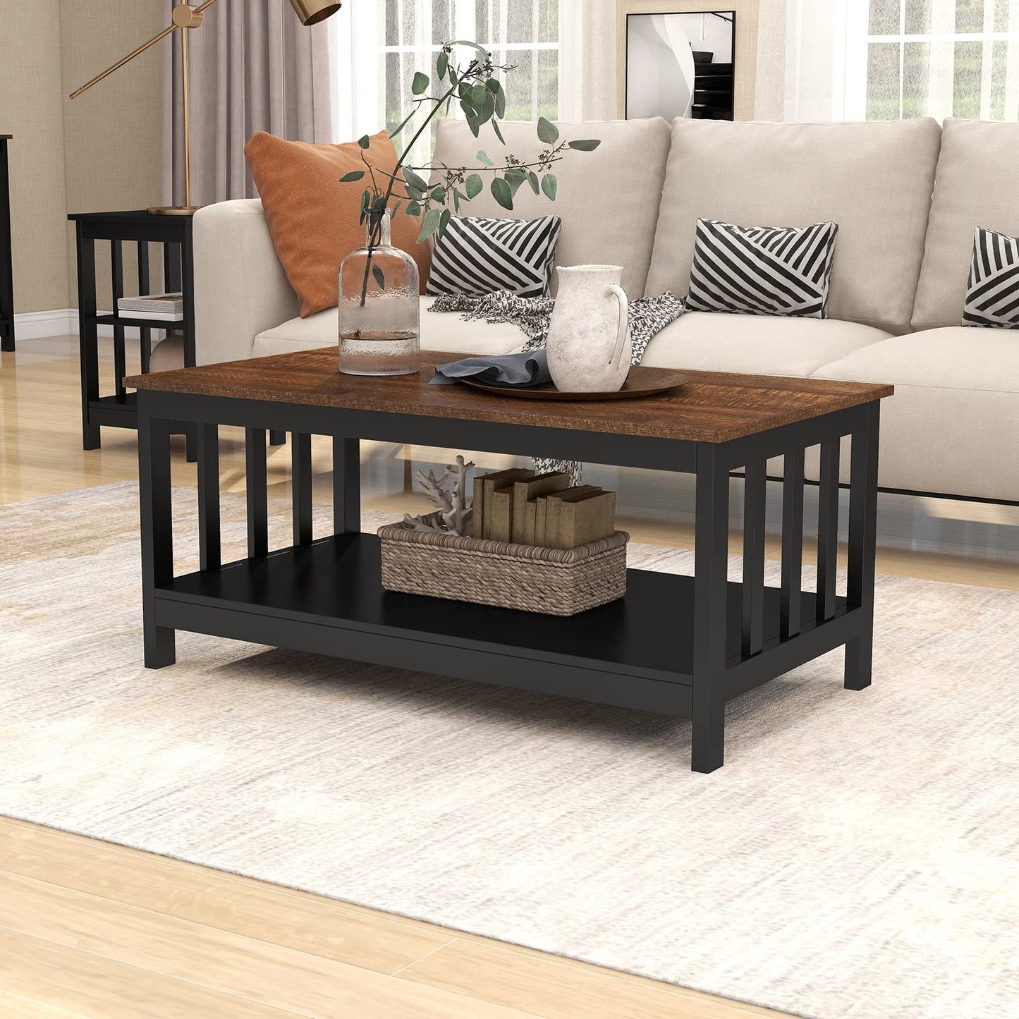 Mission Coffee Table with Shelf – Black Wood, 40-Inch