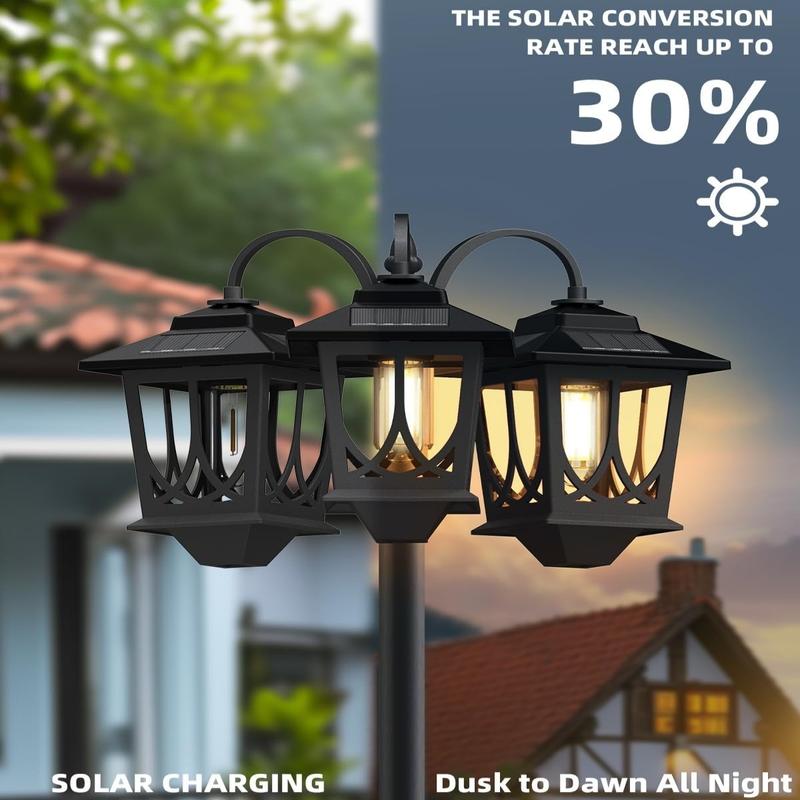 Outdoor Solar Lamp Post Lights, Solar Floor Lamps Outdoor Lights, 3-Head Waterproof Solar Powerd Lights for Garden, Lawn, Pathway, Yard, Front/ Back Door, 60 Lumens, 2 Extra Spare Bulbs, Decoration