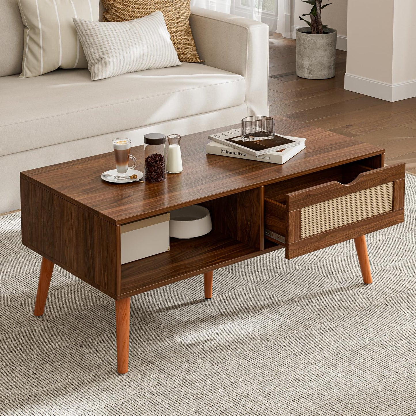 Boho Coffee Table with Rattan Drawer and Solid Wood Legs – Oak Finish