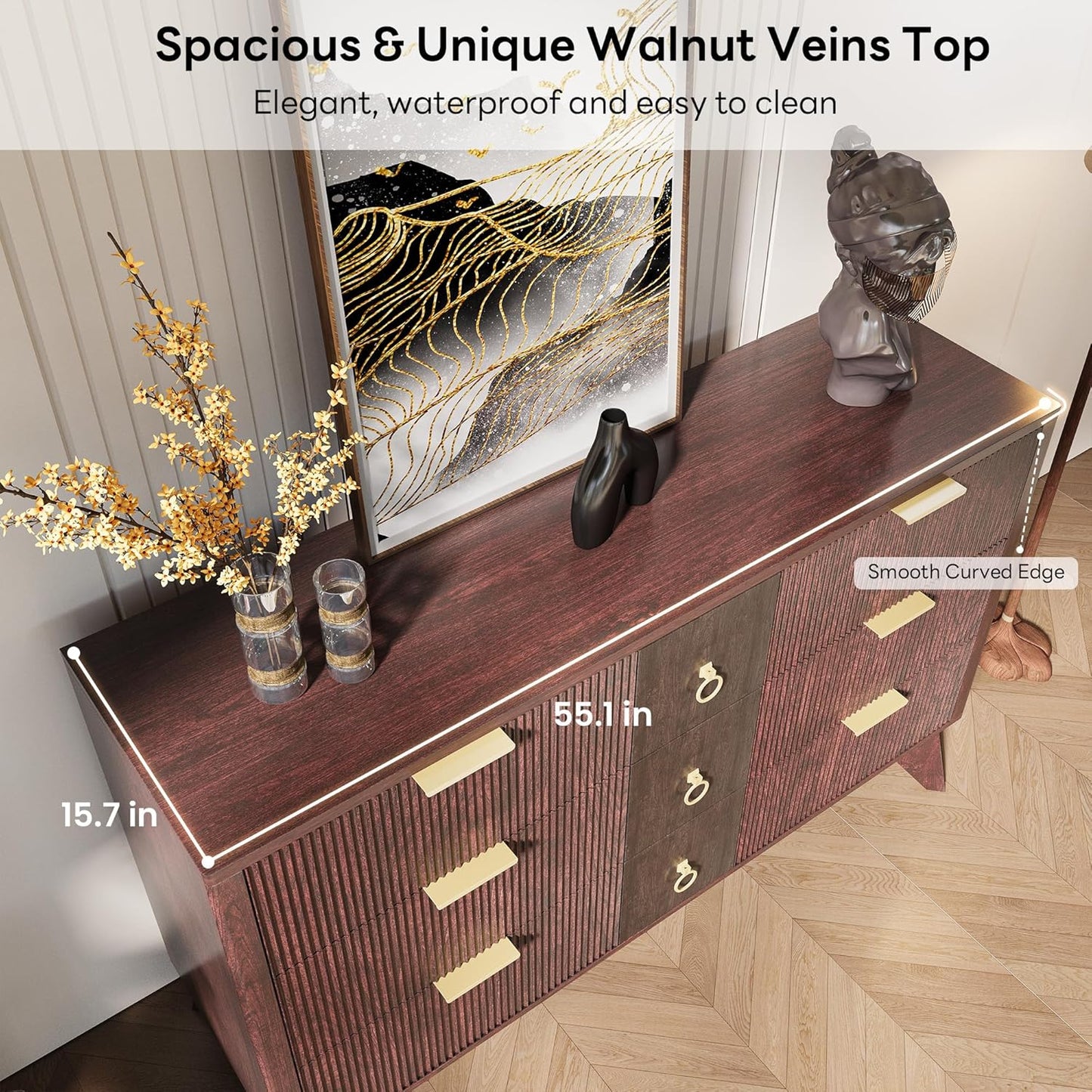 9-Drawer LED Dresser – 55" Wide Fluted Wood Chest with Curved Design, TV Stand & Storage Organizer for Bedroom, Living Room, or Hallway