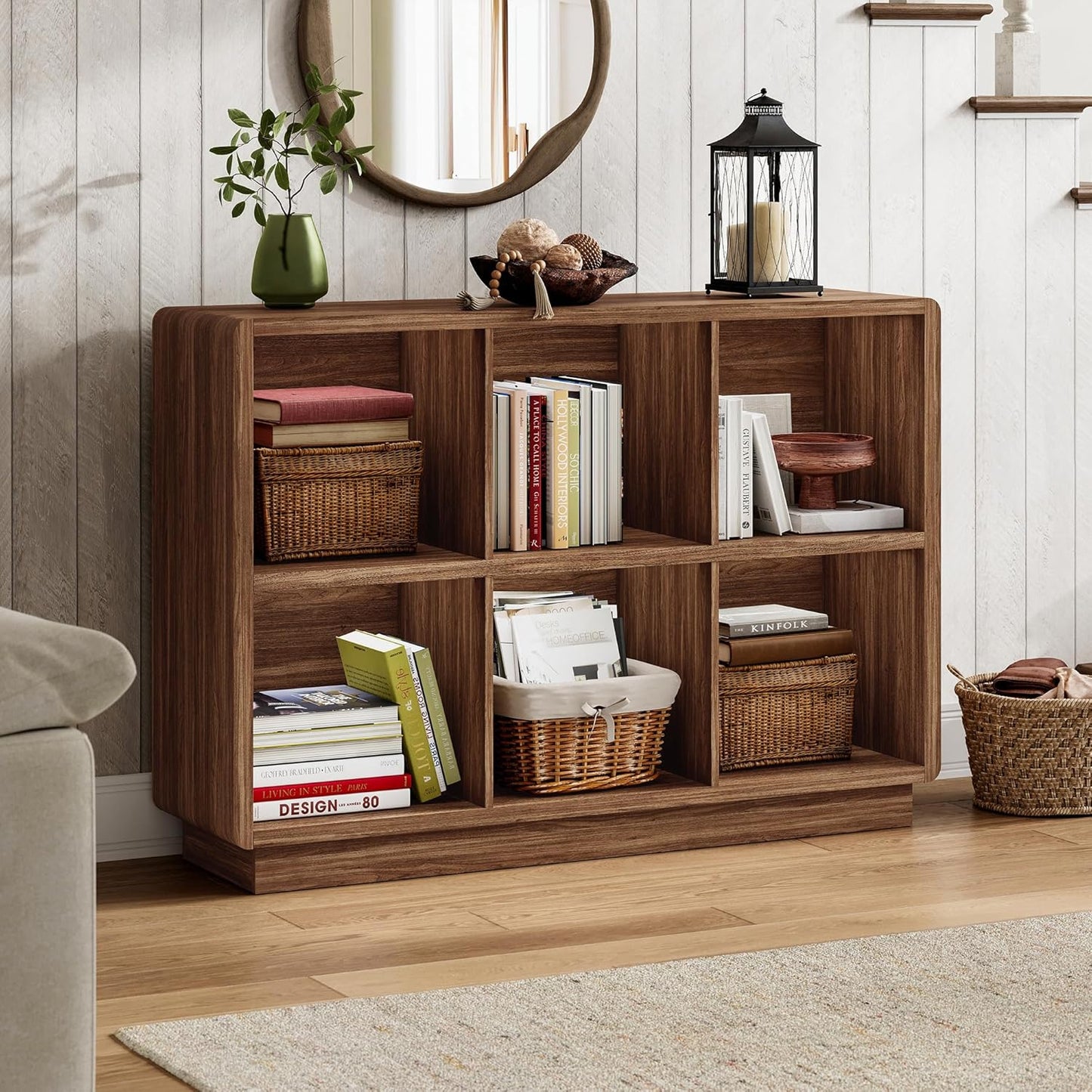 6-Cube Wooden Storage Organizer – Brown Walnut Bookcase for Bedroom, Living Room, or Office