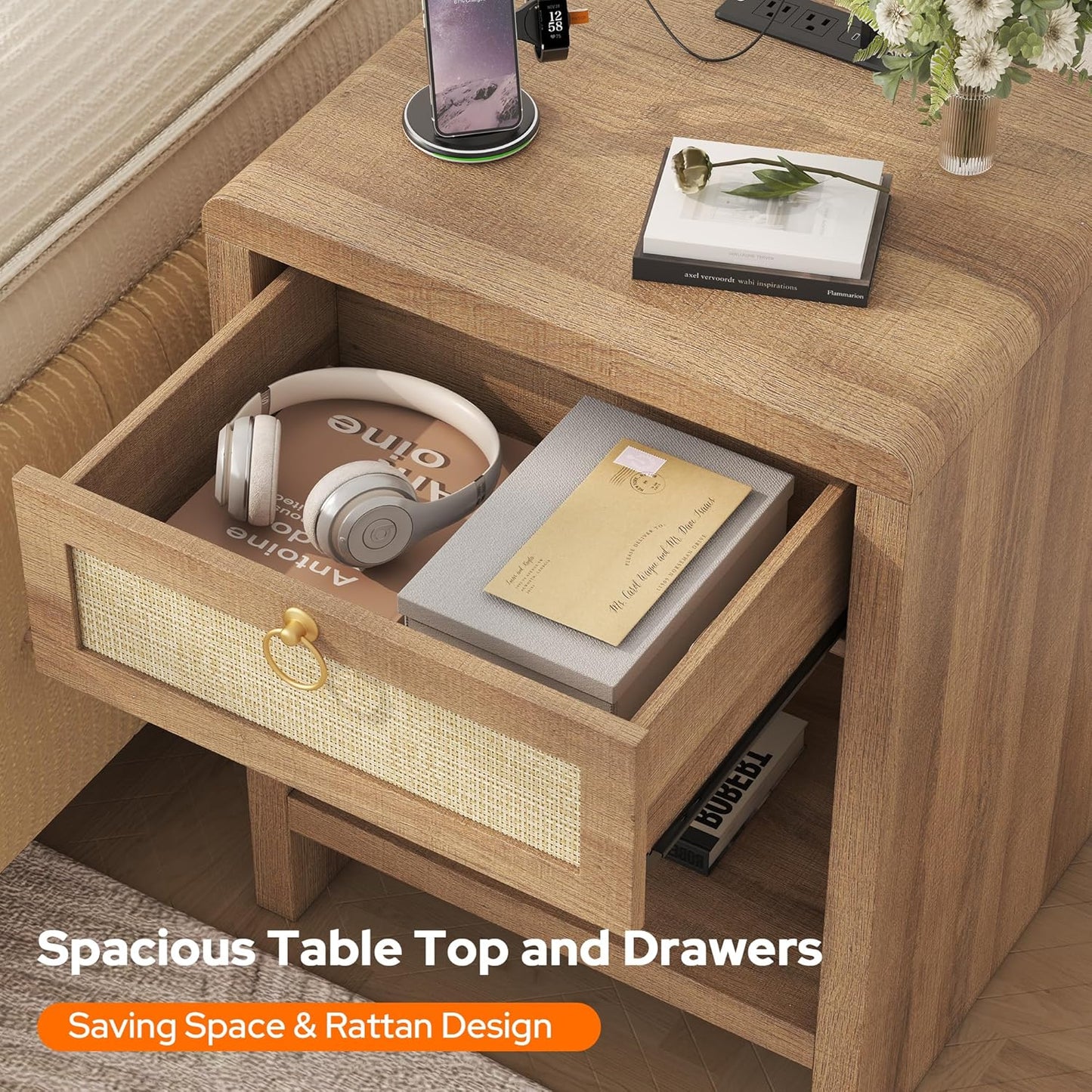 Rattan Nightstand Set of 2 with Charging Station – Boho Bedside Tables with Drawer & Storage Shelf, Natural Oak