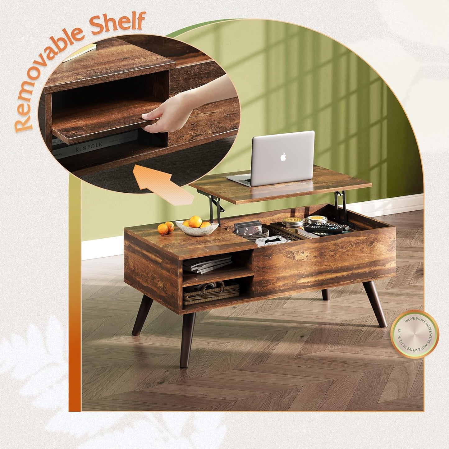 Lift Top Coffee Table with Hidden Storage & Adjustable Shelf – Mid-Century Modern Wood Table for Living Room, Rustic Brown