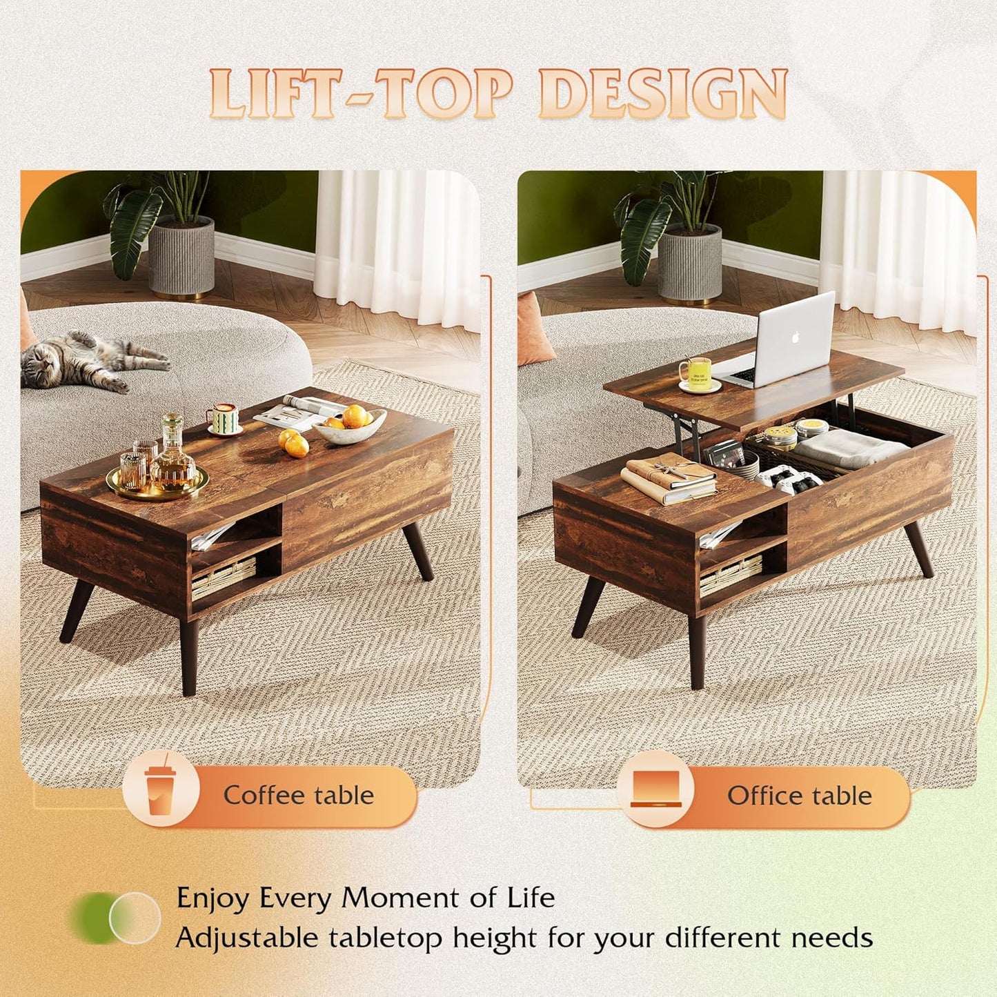 Lift Top Coffee Table with Hidden Storage & Adjustable Shelf – Mid-Century Modern Wood Table for Living Room, Rustic Brown