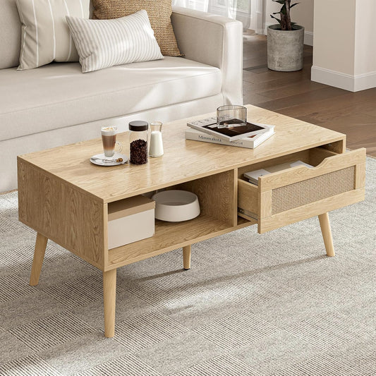 Boho Coffee Table with Rattan Drawer and Solid Wood Legs – Oak Finish