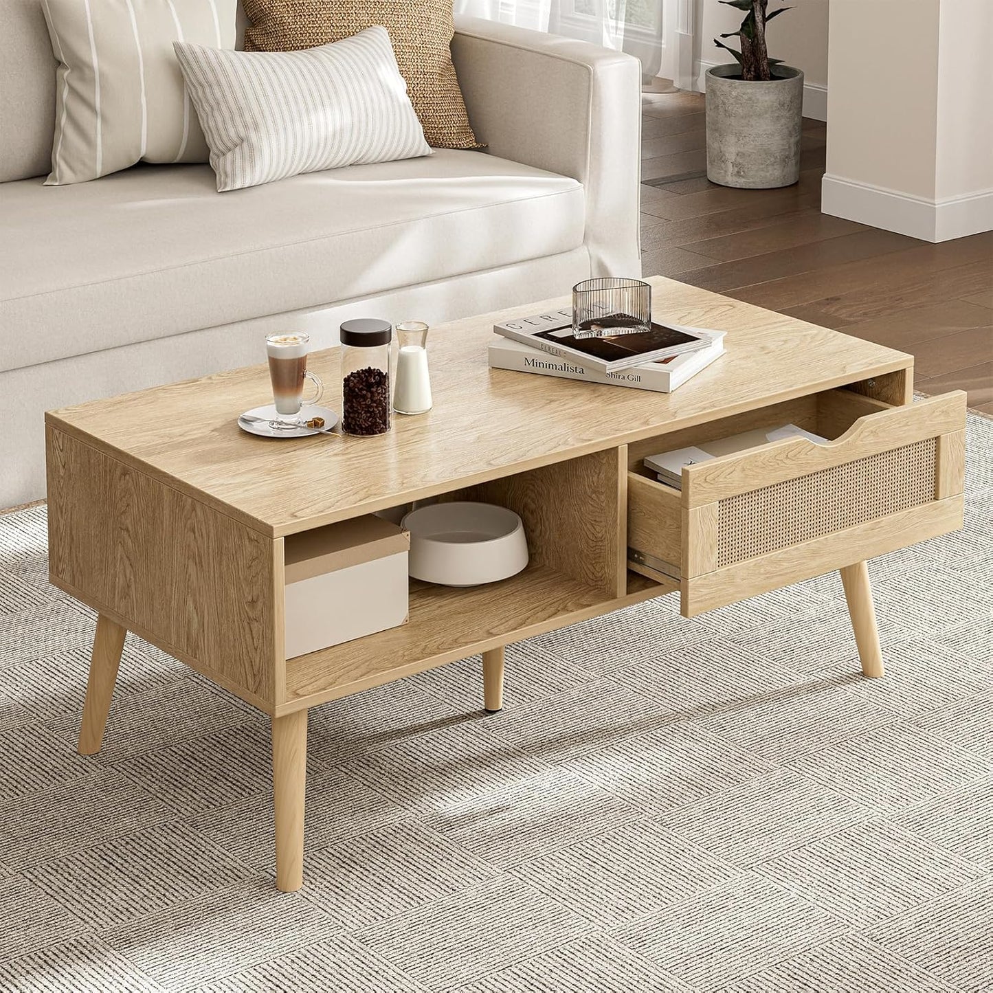 Boho Coffee Table with Rattan Drawer and Solid Wood Legs – Oak Finish