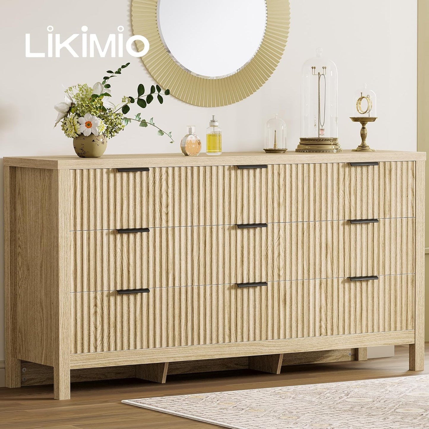 59" 9-Drawer Fluted Dresser – Wooden Storage Chest with Metal Handles for Bedroom, Entryway, or Hallway, Natural Oak