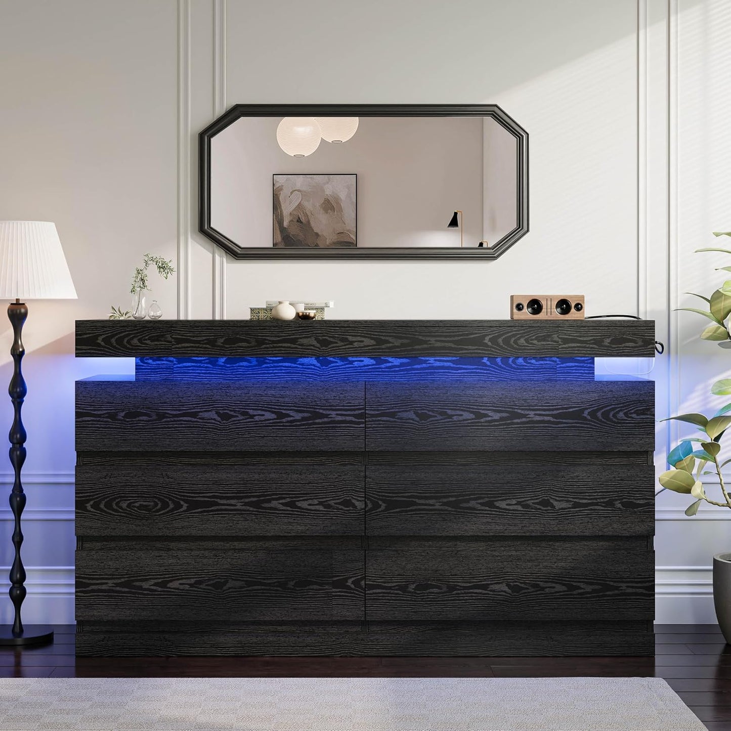 59" 6-Drawer Modern Dresser with LED Lighting & Power Strip – Large Black Wooden Storage Cabinet for Bedroom, Living Room, Office