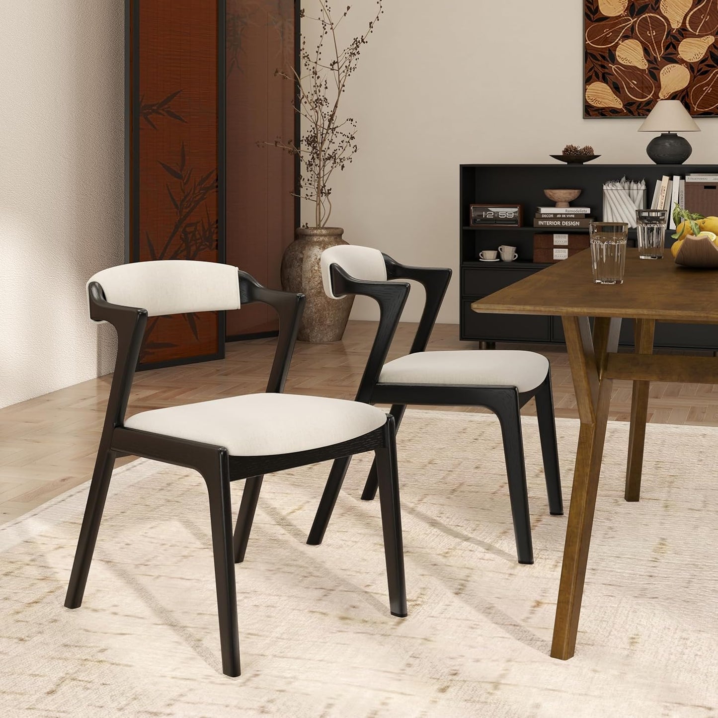 Set of 2 Upholstered Dining Chairs with Black Finish – Mid-Century Modern Wooden Frame, Comfortable Seat and Backrest