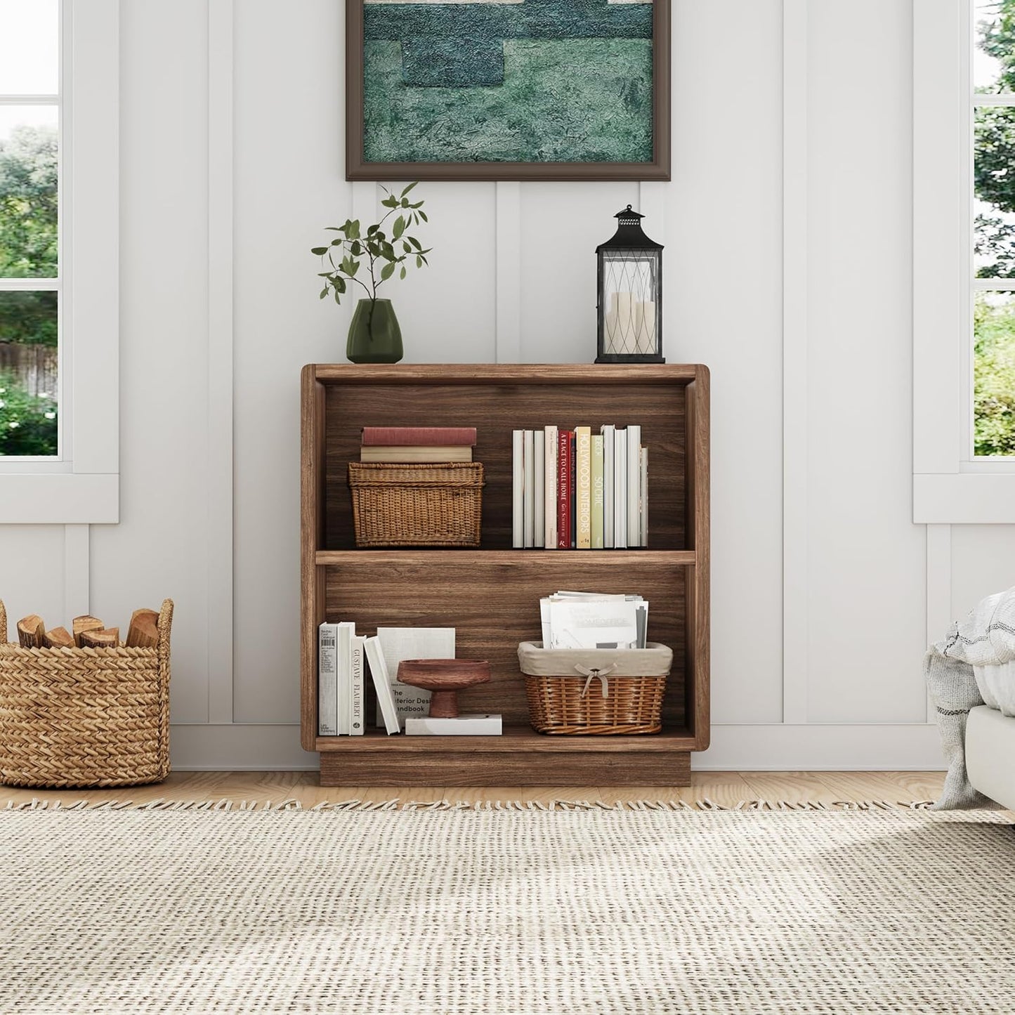2-Tier Wooden Bookcase – Small Farmhouse Bookshelf with Open Storage, Brown Walnut Finish