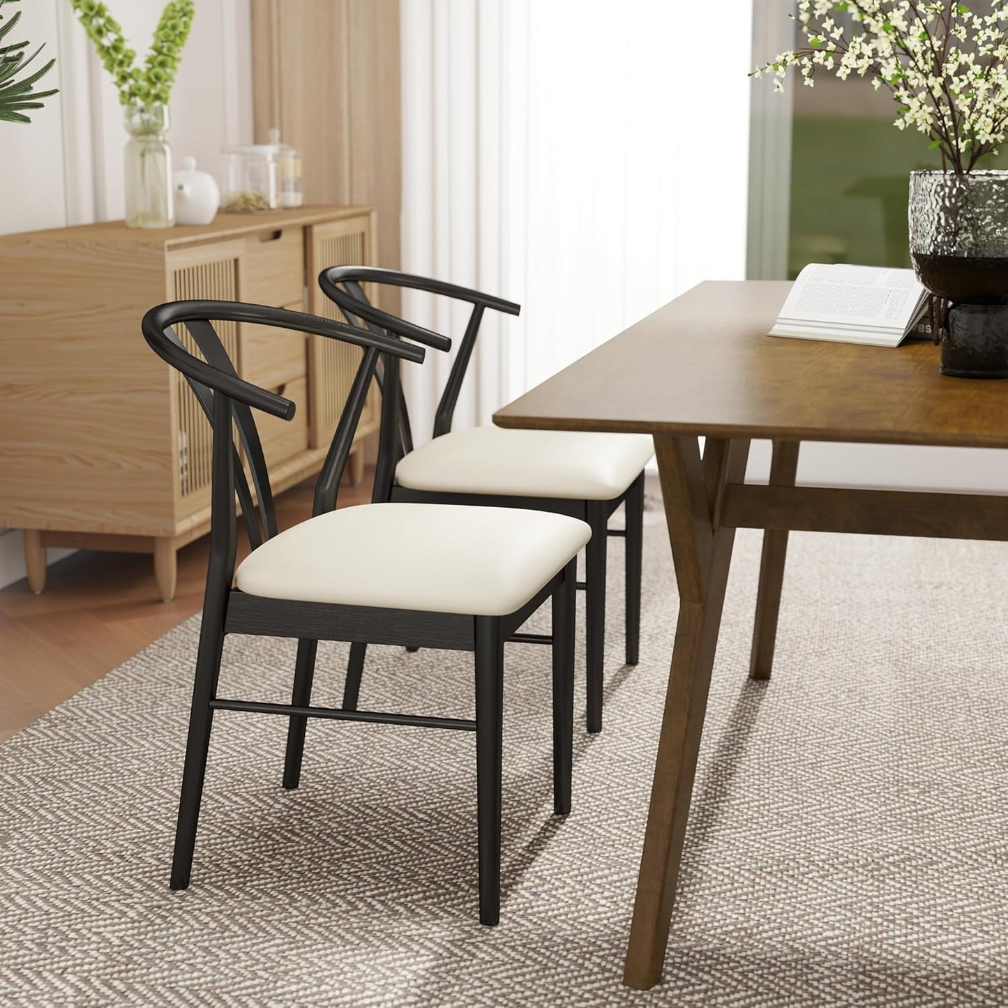 Set of 2 Black Wishbone-Style Upholstered Dining Chairs – Mid-Century Modern Wooden Frame