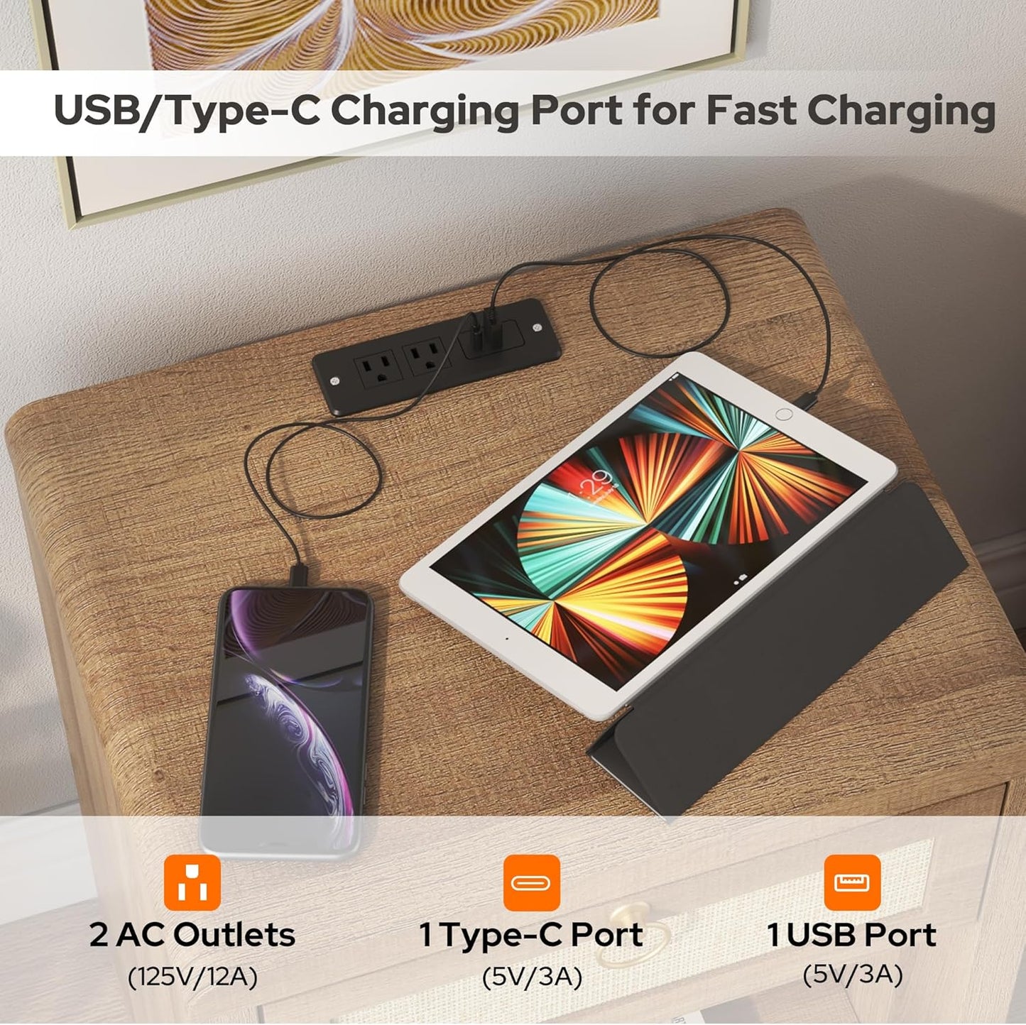 Rattan Nightstand Set of 2 with Charging Station – Boho Bedside Tables with Drawer & Storage Shelf, Natural Oak