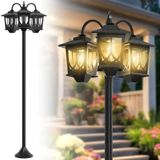 Outdoor Solar Lamp Post Lights, Solar Floor Lamps Outdoor Lights, 3-Head Waterproof Solar Powerd Lights for Garden, Lawn, Pathway, Yard, Front/ Back Door, 60 Lumens, 2 Extra Spare Bulbs, Decoration