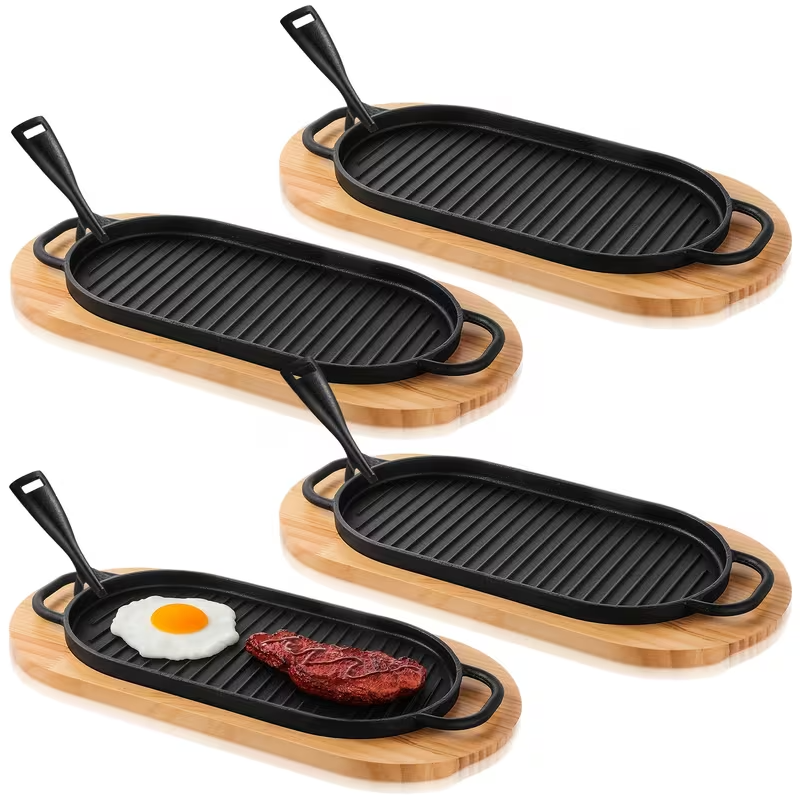 4-Piece Cast Iron Fajita Skillet Pan Set with Wooden Serving Base & Removable Handle – 12 x 6.3 Inch Sizzling Steak and Grill Frying Pan for Home or Restaurant Cooking