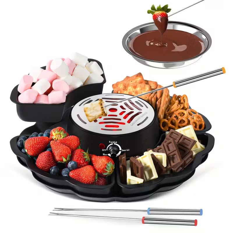Electric Marshmallow Roaster and Chocolate Fondue Pot 2-in-1, 280W Adjustable Temperature, Detachable Baking Pan, 11.5oz Melting Bowl, Four Trays, Four Skewers, Stackable Base for Parties, Family Events, and Outdoor Activities