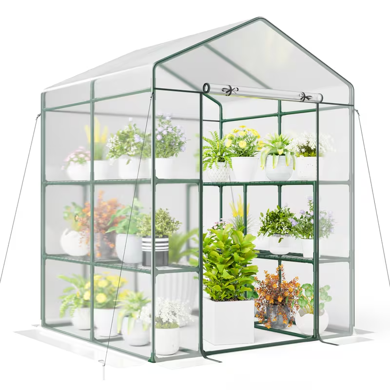 Walk-In Mini Greenhouse with 3 Tiers & 8 Shelves – PVC Cover, Roll-Up Door, Heavy-Duty Steel Frame for Indoor/Outdoor Winter Plant Protection