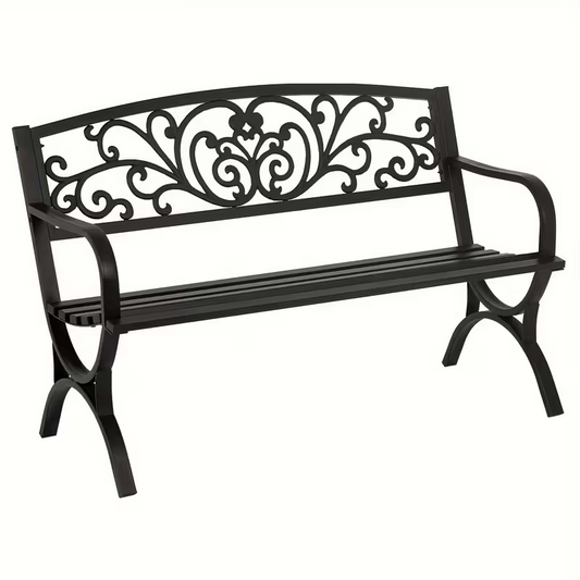 Heavy-Duty Outdoor Metal Garden Bench with Decorative Scroll Backrest, Black Cast Iron and Steel Patio Bench with Slatted Seat for Yard, Park, Porch and Deck