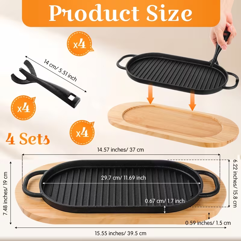 4-Piece Cast Iron Fajita Skillet Pan Set with Wooden Serving Base & Removable Handle – 12 x 6.3 Inch Sizzling Steak and Grill Frying Pan for Home or Restaurant Cooking