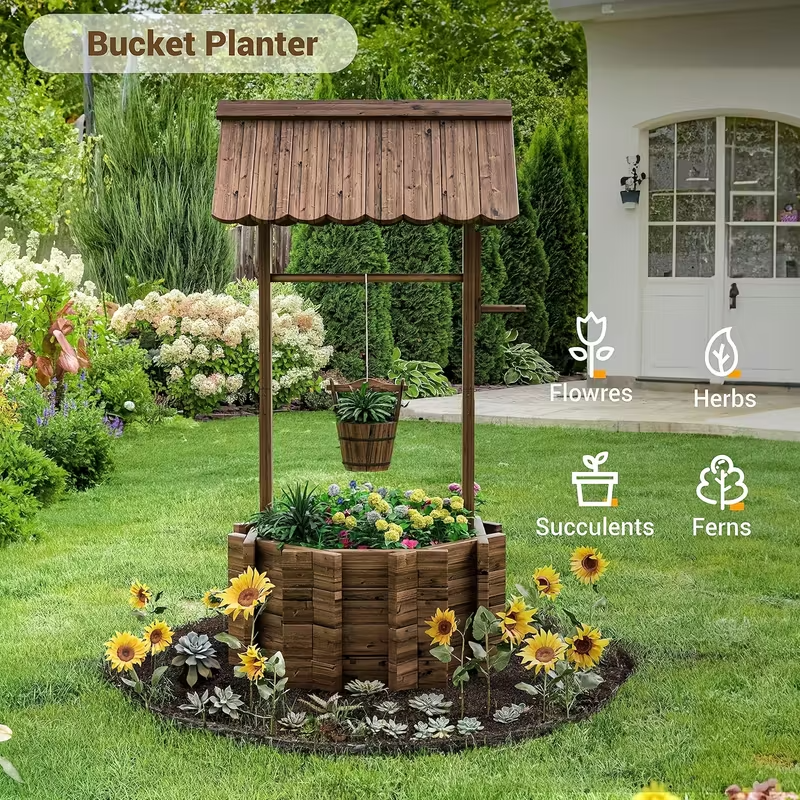 Rustic Wooden Wishing Well Planter with Hanging Bucket – Outdoor Garden & Patio Decor, Weather-Resistant Wood Planter for Flowers, Herbs & Succulents