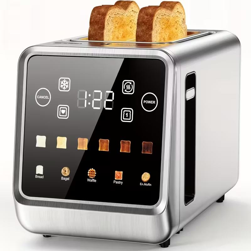 2-Slice Stainless Steel Touch Screen Toaster – Smart Digital Toaster with Memory Function, 5 Bread Modes, 6 Browning Levels, Extra-Wide Slots, 900W Premium Breakfast Toaster