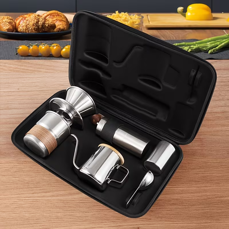 6-Piece Portable Manual Coffee Maker Set with Stainless Steel Cone Grinder, Foldable 304 Stainless Steel Filter, Coffee Pitcher & Handmade Brewing Tools – Electricity-Free Travel Coffee Kit