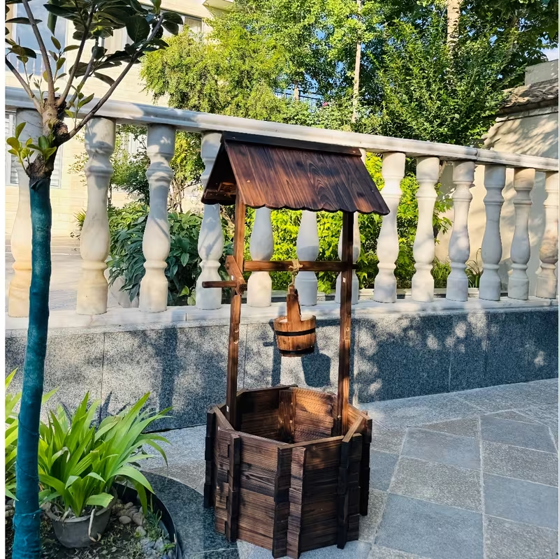 Rustic Wooden Wishing Well Planter with Hanging Bucket – Outdoor Garden & Patio Decor, Weather-Resistant Wood Planter for Flowers, Herbs & Succulents