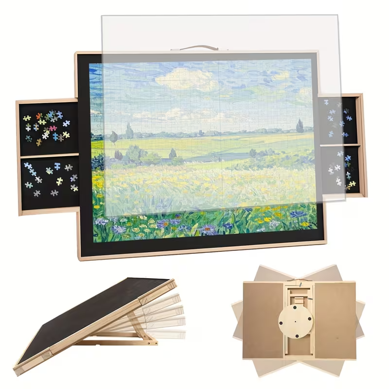 1500-Piece Rotating Wooden Puzzle Board with Dust Cover & 4 Storage Drawers – Large Puzzle Table for Adults, Families & Kids – Durable Wood Construction, Gift-Ready for Valentine’s Day, Christmas & Holidays