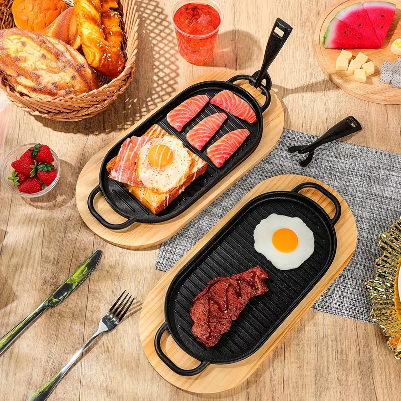 4-Piece Cast Iron Fajita Skillet Pan Set with Wooden Serving Base & Removable Handle – 12 x 6.3 Inch Sizzling Steak and Grill Frying Pan for Home or Restaurant Cooking