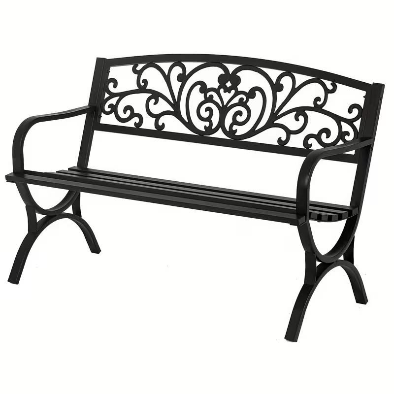 Heavy-Duty Outdoor Metal Garden Bench with Decorative Scroll Backrest, Black Cast Iron and Steel Patio Bench with Slatted Seat for Yard, Park, Porch and Deck