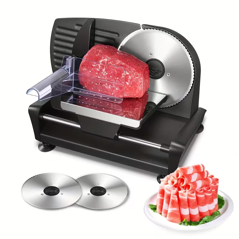 200W Electric Meat Slicer with 7.5" Stainless Steel Blades – Adjustable 0–15mm Thickness, Removable Dual Blades, Compact Die-Cast Design for Meat, Cheese, Bread & Vegetables – Black