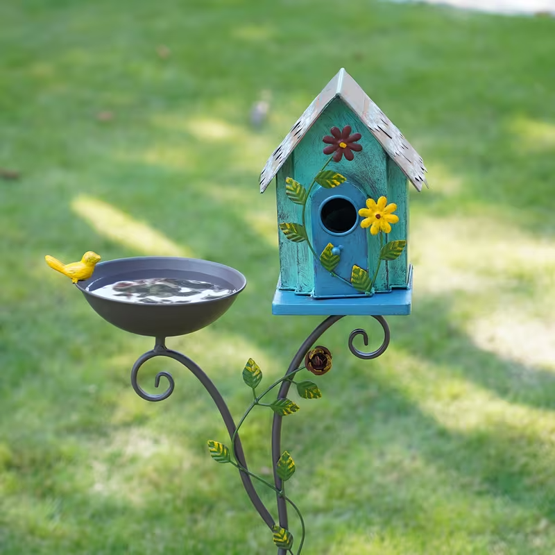 52" Metal Bird Bath with Pole and Birdhouse, Tiered Outdoor Garden Decoration with Seed Tray, Rustic Blue Floral Design, Durable Metal Stake-Mounted Bird Bath for Yard, Lawn, and Patio