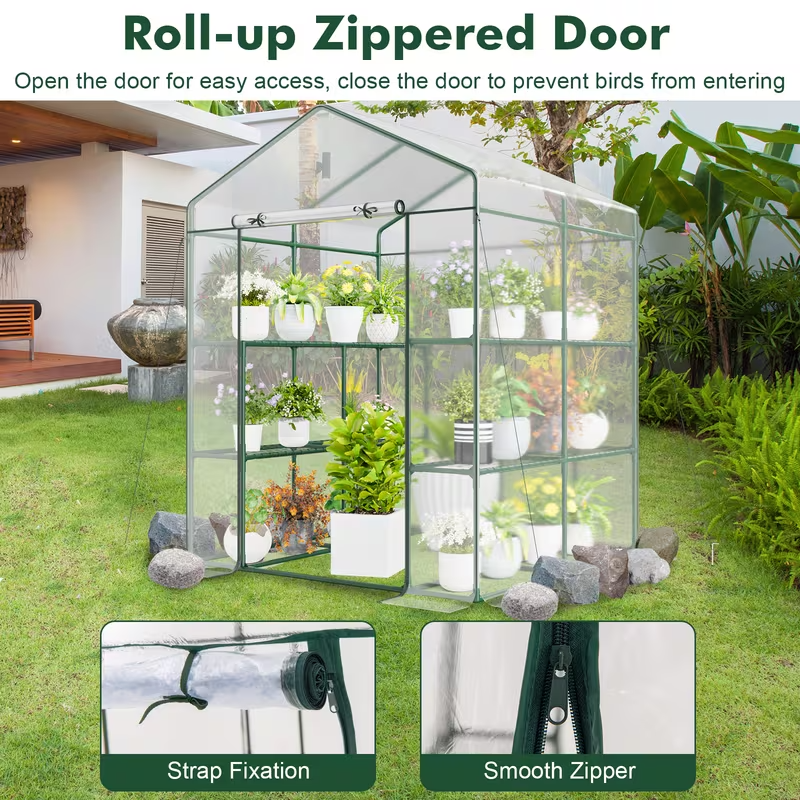 Walk-In Mini Greenhouse with 3 Tiers & 8 Shelves – PVC Cover, Roll-Up Door, Heavy-Duty Steel Frame for Indoor/Outdoor Winter Plant Protection